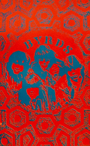 Original 1967 Saladin Productions head shop poster of The Byrds, blue band portrait on red hexagonal pattern, 13 by 20 inches