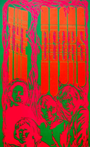 Original 1967 Saladin Productions head shop poster of The Doors, pink and orange band portrait on green with vine lettering, 13 by 20 inches