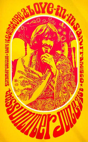 Original 1967 Saladin Productions head shop poster announcing a Love-In in San Francisco on June 21st, red lettering on yellow around a seated figure, 13 by 20 inches