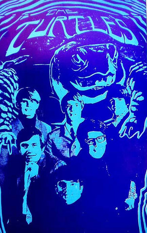 Original 1967 Saladin Productions head shop poster of The Turtles, cyan band portrait on purple with a turtle above, 13 by 20 inches