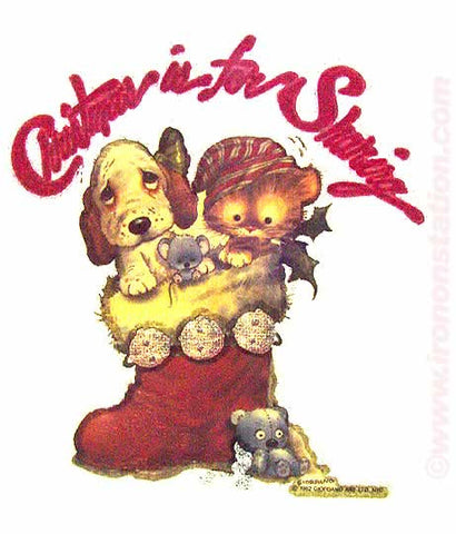 cute, kitty, puppy, stocking, christmas, vintage, 70s, t-shirt, iron-on